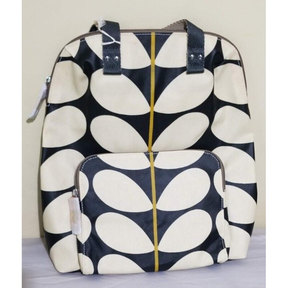 NEW Orla Kiely Bestie Backpack Black Beige Solid Stem Print Coated Canvas